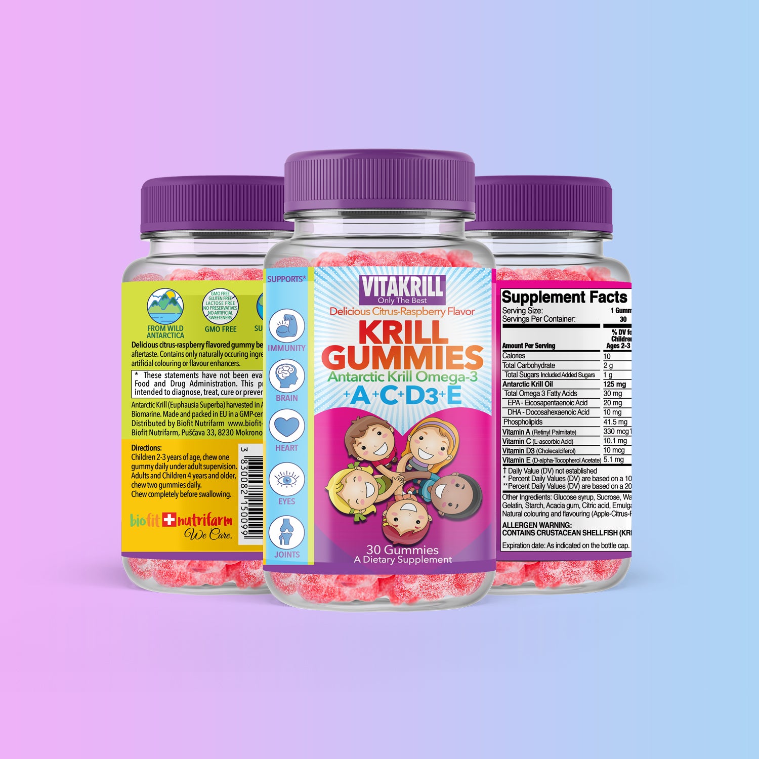 Delicious Citrus-Raspberry Gummies 30 krill gummies with vitamines A, D3, C and E